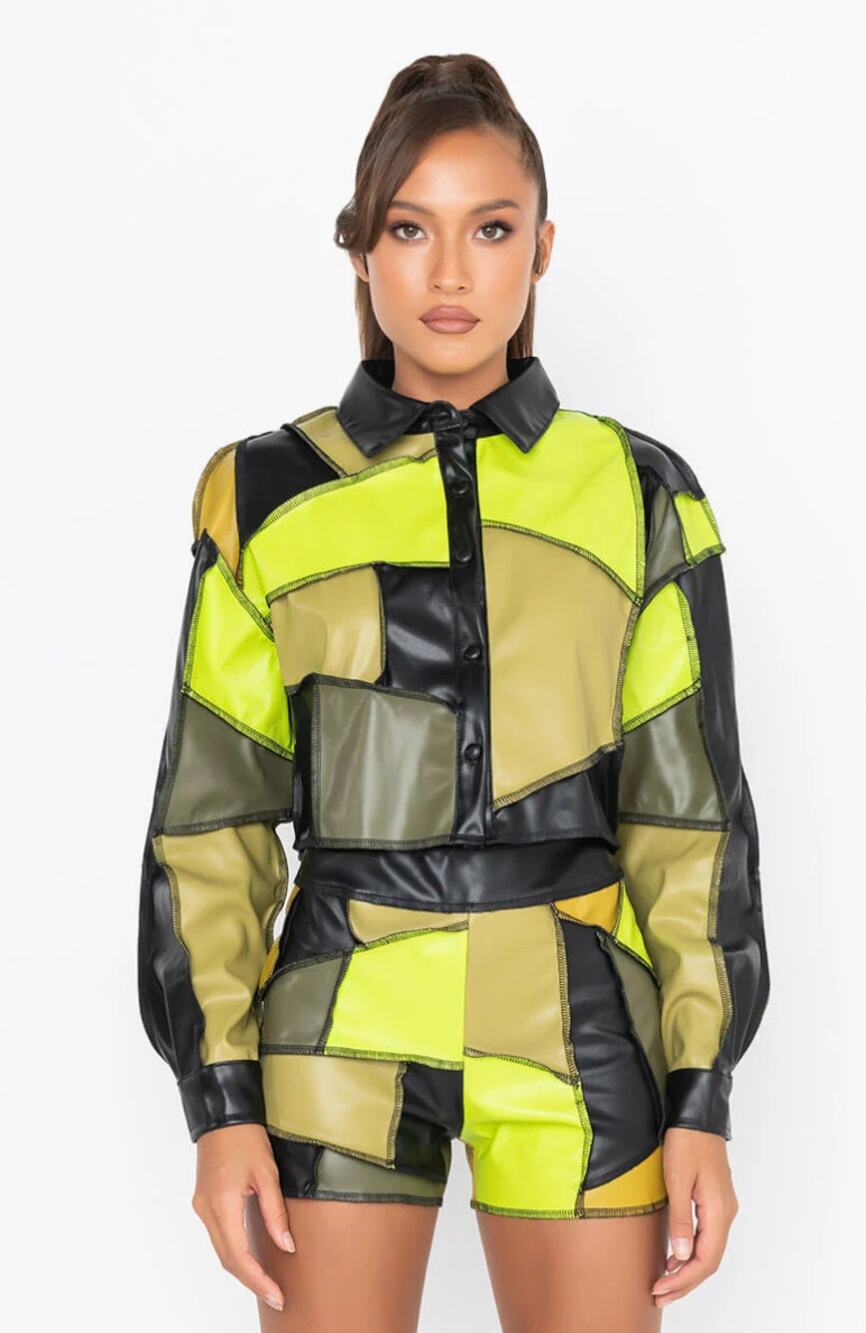 AKIRA Shades of Green Faux Leather Patchwork Button Down Cropped Jacket S